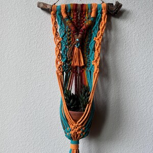 Southwestern Macrame Plant Hanger Boho Wall Planter with Quartz Crystal and Turquoise Bead