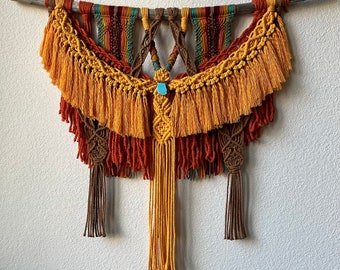 Southwestern Macrame Tapestry Wall Hanging Yellow Orange Fringe Driftwood Turquoise Colorful Boho Decor Handmade