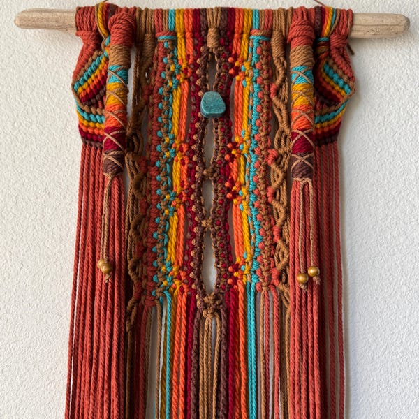 Southwestern Macrame Tapestry Wall Hanging on Driftwood Featuring Red Cord and Rainbow Yarn with Turquoise Stone and Wood Beads