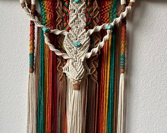 Southwestern Macrame Wall Hanging Tapestry Natural Turquoise Brown Multicolor Handmade Driftwood Boho Decor Colorful Western