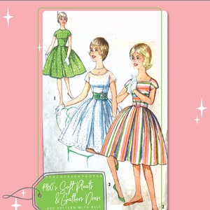 以下が含まれることがあります： 1960 年代のスタイルのソフトプリーツとギャザーのドレスを着た女性のヴィンテージイラストが 3 つあります。ドレスは緑、青と白のドット、ピンクと緑のストライプです。テキストには「1960's Soft Pleats & Gathers Dress PDF PATTERN WITH BELT AND TRIM & NECKLINE VARIATIONS」とあります