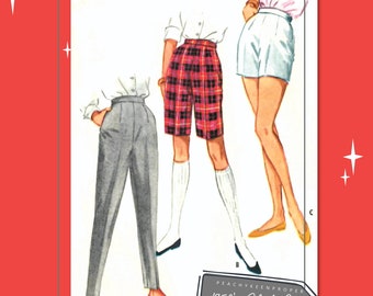 1950s Slacks and Two Short Variation (with pocket!) Vintage Pattern, 27 inch waist, 5263, DIGITAL download pattern -  PDF