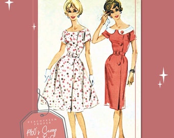 1960s Scoop Neck, Button Front Dress W/Detachable Collar Vintage Sewing Pattern 5444, 34 inch bust, DIGITAL download pattern -  PDF