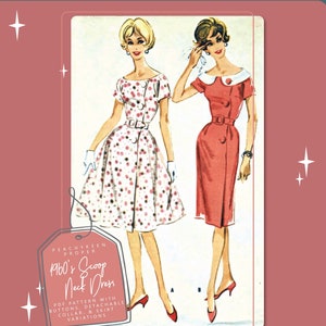Abito anni &#39;60 con scollo a barchetta, bottoni sul davanti e colletto staccabile, modello di cucito vintage 5444, busto da 34 pollici, modello scaricabile DIGITALE - PDF