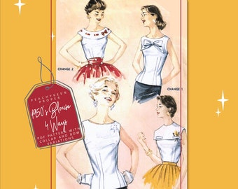 May include: A vintage illustration of four different ways to style a 1950's blouse. The illustration shows a woman wearing a white blouse with a variety of collars and bows. The text on the image reads "Peachykeen Proper 1950's Blouse 4 Ways PDF Pattern with Collar and Bow Variations Easy to Sew".
