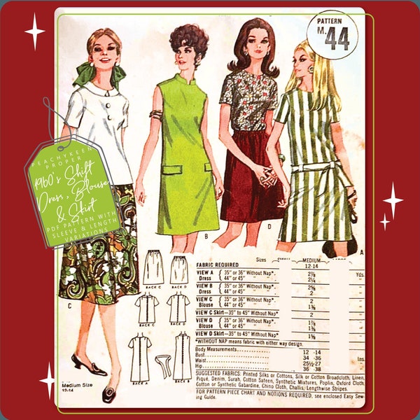 1960s Shift Dress & Blouse with Skirt Sewing Pattern 44, 34-36 inch bust, DIGITAL download pattern -  PDF