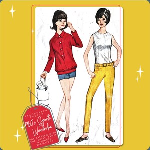 Könnte beinhalten: Eine Vintage-Illustration von zwei Frauen in Kleidung aus den 1960er Jahren. Eine Frau trägt ein rotes Hemd, blaue Shorts und hält einen Eimer. Die andere Frau trägt ein weißes ärmelloses Oberteil, eine gelbe Hose und einen Gürtel. Das Bild enthält den Text "Peachykeen Proper 1960's Sports Wardrobe PDF Pattern with Top, Shirt, Pants & Shorts Variations."