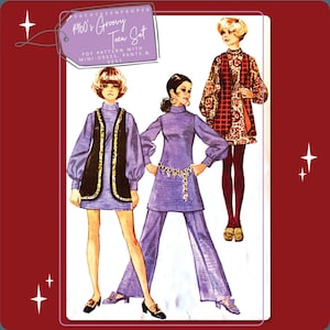 May include: A vintage sewing pattern for a 1960s groovy teen set. The pattern includes a mini-dress, trousers, and waistcoat. The illustration shows three models wearing the different pieces in a purple, red, and black colour scheme.