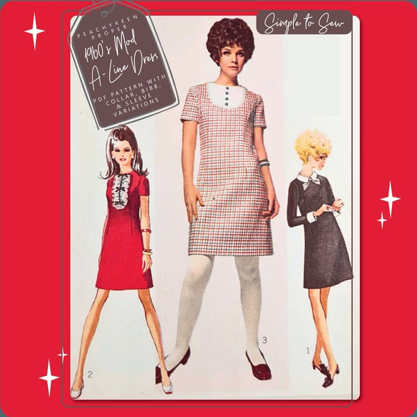 1960s Mod A-Line Sewing Pattern 7736, 28 inch bust, DIGITAL download pattern -  PDF