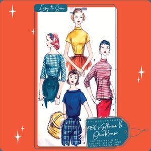 May include: A vintage sewing pattern illustration showing four women wearing different styles of 1950s blouses and overblouses. The pattern is titled "1950's Blouse & Overblouse" and includes instructions for collar, sleeve, and length variations.