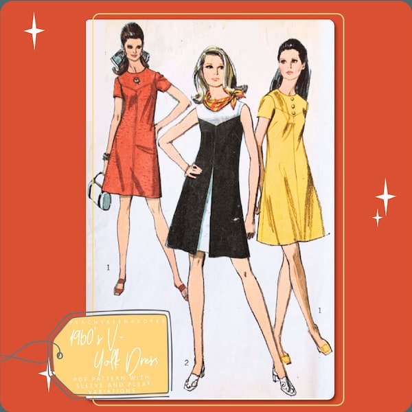 1960s V Yolk Dress Vintage Sewing Pattern 8638, 34 inch bust, DIGITAL download pattern -  PDF