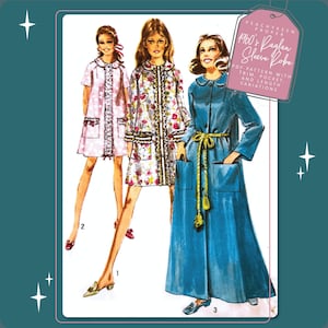 May include: A sewing pattern for a 1960's Raglan Sleeve Robe with trim, pocket, and length variations. The pattern includes three different styles of robes: a short pink robe with white trim, a short floral robe with white trim, and a long blue robe with a yellow sash.