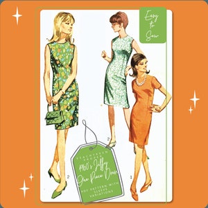 Könnte beinhalten: Ein Vintage-Schnittmuster für ein 1960er-Jahre Jiffy One Piece Dress. Das Schnittmuster beinhaltet Ärmelvarianten und ist einfach zu nähen. Das Bild zeigt drei Frauen, die verschiedene Versionen des Kleides tragen.