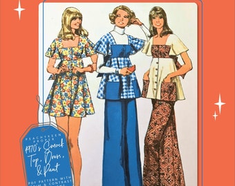 1970s Smock Top, Dress, and Pant Pattern 5691, 32 inch bust, DIGITAL download pattern -  PDF