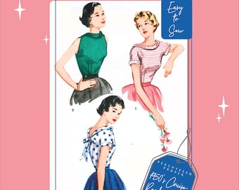 May include: A vintage sewing pattern for 1950's cruise ready blouses. The pattern includes a low back line, sleeve and bow variations. The pattern is labeled "Peachykeen Proper".