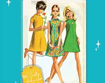 1960s Scallop Neck n Hem Dress Vintage Sewing Pattern 7635, 34 inch bust, DIGITAL download pattern -  PDF