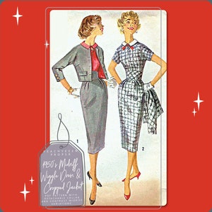 Könnte beinhalten: Eine Vintage-Illustration eines Schnittmusters mit zwei Frauen, die 1950er-Jahre-Midriff-Wickelkleider und kurze Jacken tragen. Das Kleid links ist einfarbig grau, während das Kleid rechts ein schwarz-weißes Karomuster hat. Der Text auf dem Bild lautet "Peachykeen Proper 1950's Midriff Wiggle Dress & Cropped Jacket PDF Pattern with Detachable Collar and Contrast Midriff Variations."