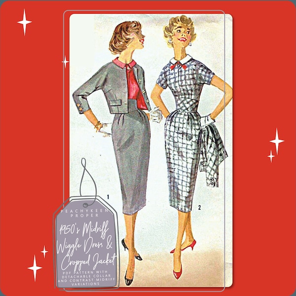 1950s Midriff Wiggle Dress w/Cropped Jacket Vintage Sewing Pattern 2624, 32 inch bust, DIGITAL download pattern -  PDF