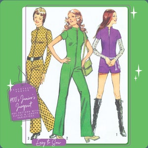 May include: A vintage sewing pattern for a 1970's junior's jumpsuit. The pattern includes variations for sleeve length and comes with instructions for easy sewing. The pattern features three different styles of jumpsuits, one in yellow with polka dots, one in green, and one in purple.