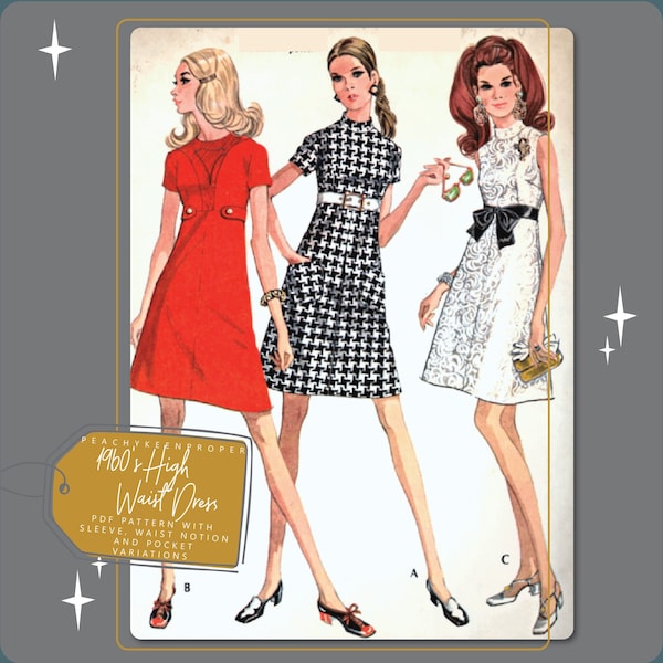 1960s High Waist Dress - Vintage Sewing Pattern 2000, 32.5 inch bust, DIGITAL download pattern -  PDF
