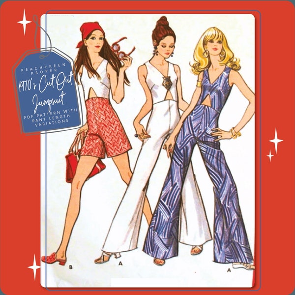1970s Cut-Out Jumpsuit Sewing Pattern 5725, 31.5 inch bust, DIGITAL download pattern -  PDF