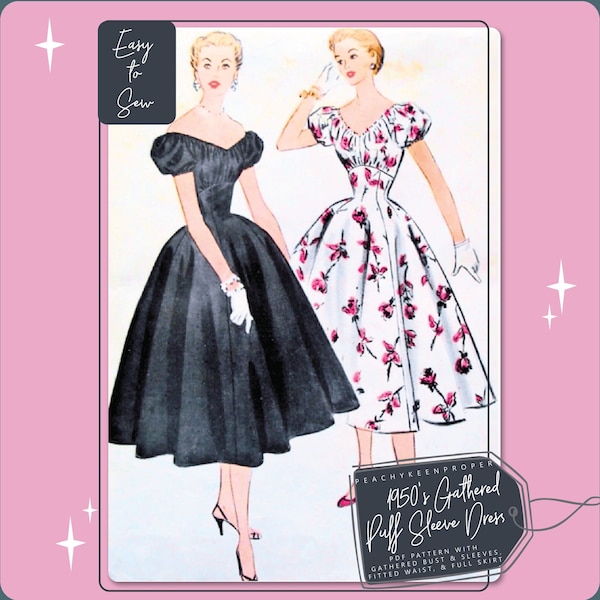 1950s Gathered Bust & Puff Sleeve Dress - Vintage Sewing Pattern 9817, 30 inch bust, DIGITAL download pattern -  PDF