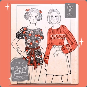 May include: A digital illustration of a vintage sewing pattern for a peasant blouse. The pattern includes two different sleeve and trim variations. The text on the pattern reads "1970's Super Simple Peasant Blouse" and "Easy to Sew".