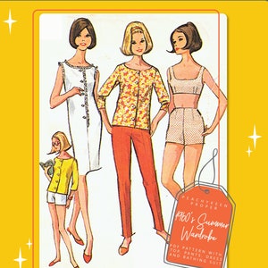 May include: A vintage sewing pattern illustration featuring three women wearing different 1960s summer outfits. The illustration includes a dress, pants, and a bathing suit. The text reads "Peachykeen Proper 1960's Summer Wardrobe PDF Pattern with Top, Pants, Dress and Bathing Suit."