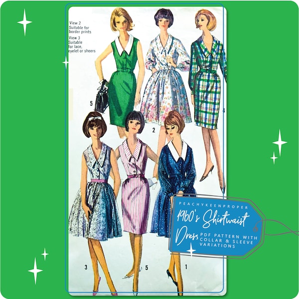 1960s Shirtwaist Dress Sewing Pattern 5822, 34 inch bust, DIGITAL download pattern -  PDF