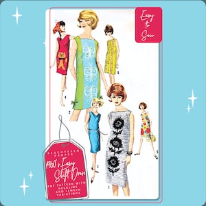 Puede incluir: Un patrón de costura vintage para un vestido de cambio fácil de los años 1960. El patrón incluye variaciones para el escote y la longitud. El patrón está ilustrado con cinco mujeres diferentes que usan el vestido en varios estilos.