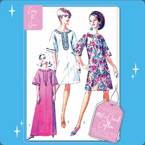 May include: A sewing pattern for a 1960's style caftan dress. The pattern includes three different lengths and trim variations. The pattern is called "1960's Quick Caftan" and is from Peachykeen Proper.