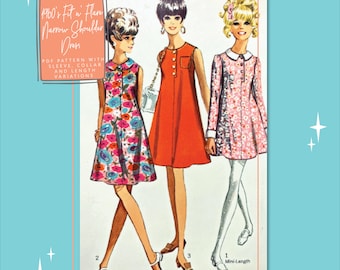 1960s Fit n Flare, Narrow Shoulder Dress Vintage Sewing Pattern 7683, 31.5 inch bust, DIGITAL download pattern -  PDF