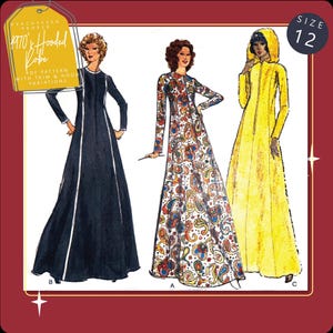 May include: Illustration of three 1970s hooded robe designs. The designs include a navy blue robe with white trim, a paisley print robe, and a yellow hooded robe. The image includes the text "PEACHYLEEN PROPER 1970's Hooded Robe PDF Pattern with Trim & Hood Variations" and the size "12".