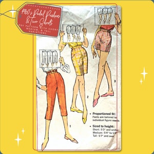 Puede incluir: Un patrón de costura vintage para pedal pushers y dos pantalones cortos de la década de 1960. El patrón incluye instrucciones para tallas cortas, medianas y altas. La ilustración muestra a tres mujeres con diferentes estilos de pantalones cortos.