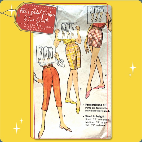 1960s Pedal Pushers and Two Short Variation Vintage Pattern, 28 inch waist, 3435, DIGITAL download pattern -  PDF