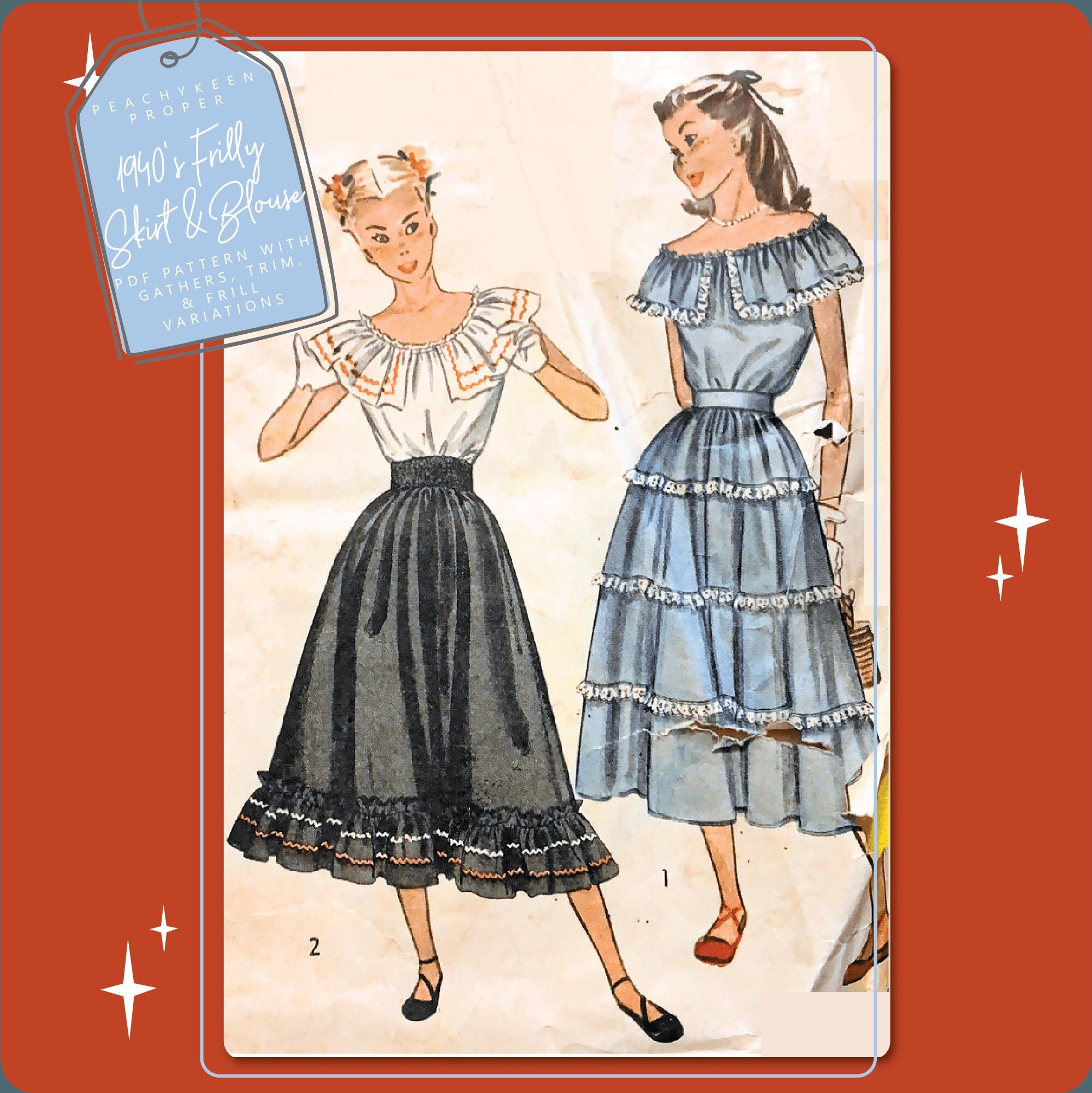 1940s Frilly Skirt & Blouse Vintage Sewing Pattern 2358, 30 inch bust, DIGITAL download pattern -  PDF