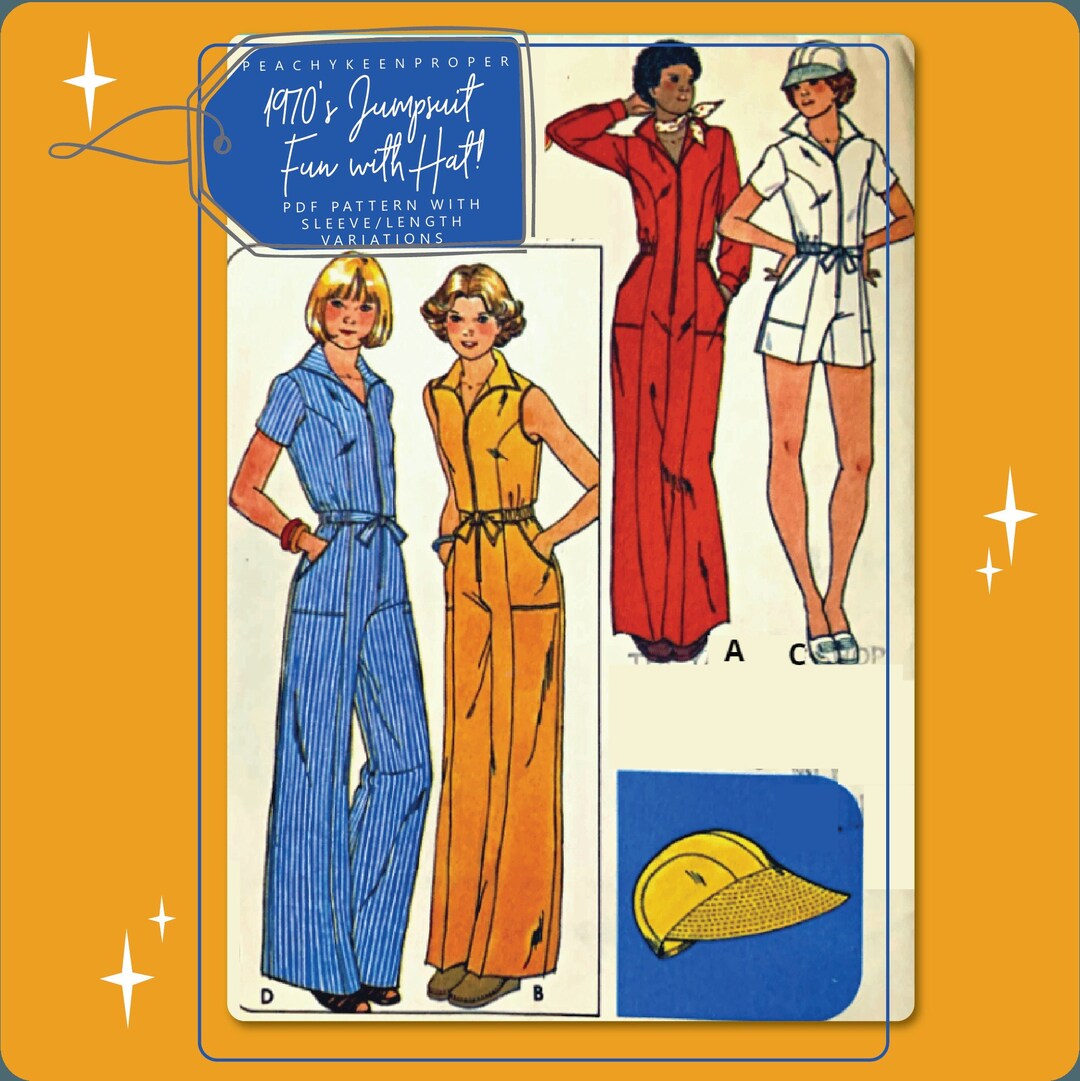 Digital Product - 1970s Jumpsuit Fun Sewing Pattern With Ties and Hat ...