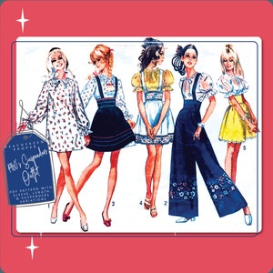 Peut inclure: Cinq tenues différentes pour femmes dans le style des années 1960, avec une variété de jupes et de pantalons avec bretelles. Les tenues sont illustrées dans un style vintage avec un fond pêche.