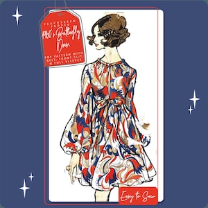 1960s Butterfly Dress Vintage Sewing Pattern 7675, 32.5 inch bust, DIGITAL download pattern -  PDF