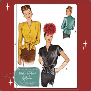 May include: A vintage sewing pattern illustration featuring three women wearing different styles of 1940s peplum blouses. The pattern is titled "1940's Peplum Blouse" and includes button front variations.