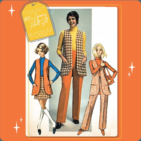 1970s Groovy Adult Set Vintage Sewing Pattern 8917, 36 Inch