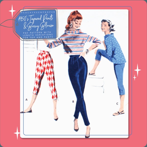 1950s Tapered Pant & Boxy Top Vintage Sewing Pattern 7557, 30 inch bust, DIGITAL download pattern -  PDF