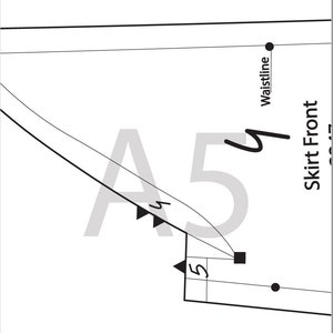 May include: A black and white sewing pattern for a skirt front, labeled "A5" and "Skirt Front". The pattern includes a waistline marking and a curved line.