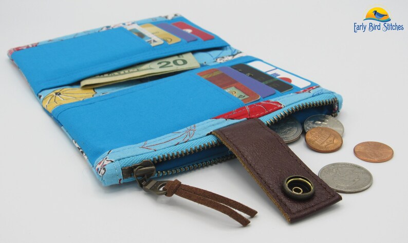 Antique Brass Hardware Recycled Leather Cat Kitty Kittens /& Umbrellas on Blue Essex Wallet w Zipper Pocket and Credit CardCash Pockets