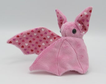 Mini Plush Bat, Pink Minky and Valentine's Day Hearts Print for Accents for Wings and Ears  - Not Intended for Children!