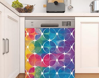 Puede incluir: Un lavavajillas con un diseño abstracto colorido que presenta círculos superpuestos en tonos de rojo, naranja, amarillo, verde, azul, morado y blanco.