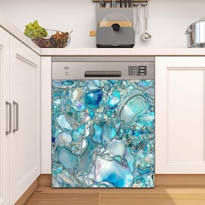 May include: A blue and white abstract patterned dishwasher door cover. The cover features a swirling design of blue, white, and gray colors.