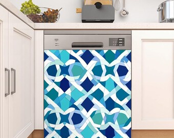 May include: A dishwasher with a blue and white geometric pattern on the front. The pattern is made up of squares, diamonds, and other shapes.