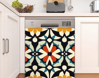 May include: A dishwasher with a colorful geometric pattern on the front. The pattern features black, white, orange, red, and blue colors. The dishwasher is in a kitchen setting.