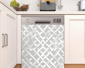 May include: A stainless steel dishwasher with a white geometric pattern on the front door. The dishwasher is in a kitchen setting with white cabinets.
